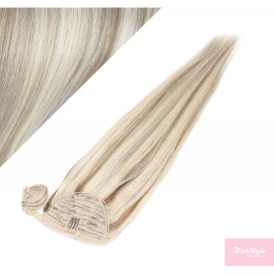 Clip in human hair ponytail wrap hair extension 20" straight - platinum/light brown