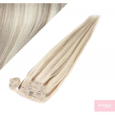 Clip in human hair ponytail wrap hair extension 24" straight - platinum/light brown