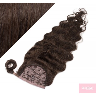 Clip in human hair ponytail wrap hair extension 20" wavy - dark brown