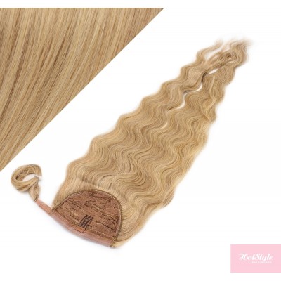 Clip in human hair ponytail wrap hair extension 20" wavy - light blonde/natural blonde