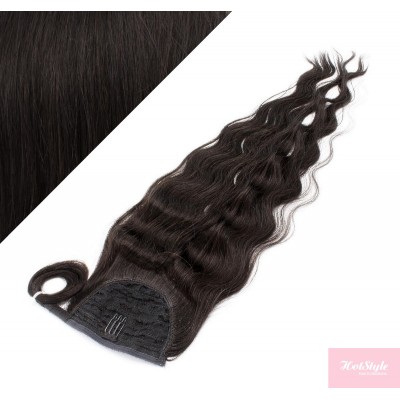 Clip in human hair ponytail wrap hair extension 24" wavy - natural black