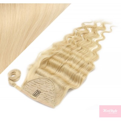 Clip in human hair ponytail wrap hair extension 24" wavy - the lightest blonde