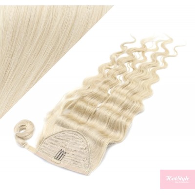Clip in human hair ponytail wrap hair extension 24" wavy - platinum blonde