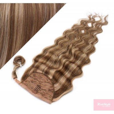 Clip in human hair ponytail wrap hair extension 24" wavy - dark brown/blonde