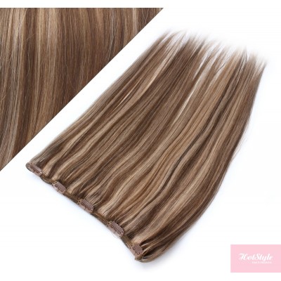 16˝ one piece full head clip in hair weft extension straight – dark brown / blonde