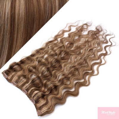 16˝ one piece full head clip in hair weft extension wavy – dark brown / blonde