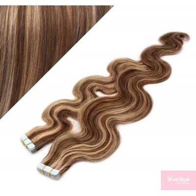 20˝ (50cm) Tape Hair / Tape IN human REMY hair wavy - dark brown / blonde