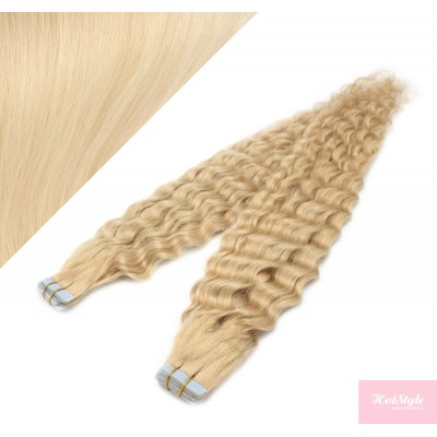 20˝ (50cm) Tape Hair / Tape IN human REMY hair curly - the lightest blonde