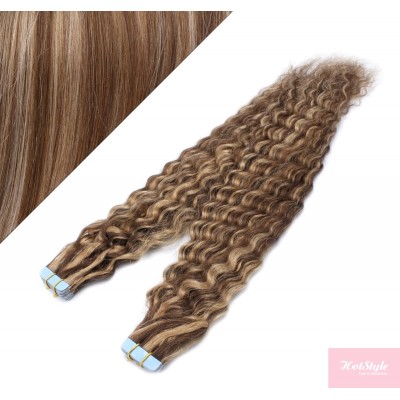 20˝ (50cm) Tape Hair / Tape IN human REMY hair curly - dark brown / blonde