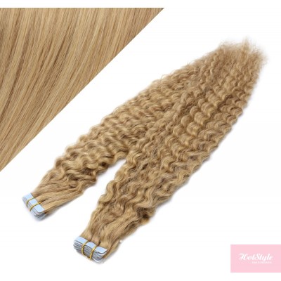 20˝ (50cm) Tape Hair / Tape IN human REMY hair curly - natural blonde / light blonde