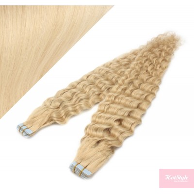 24˝ (60cm) Tape Hair / Tape IN human REMY hair curly - the lightest blonde