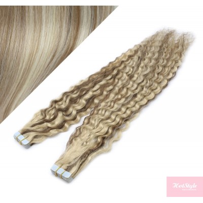 24˝ (60cm) Tape Hair / Tape IN human REMY hair curly - platinum / light brown