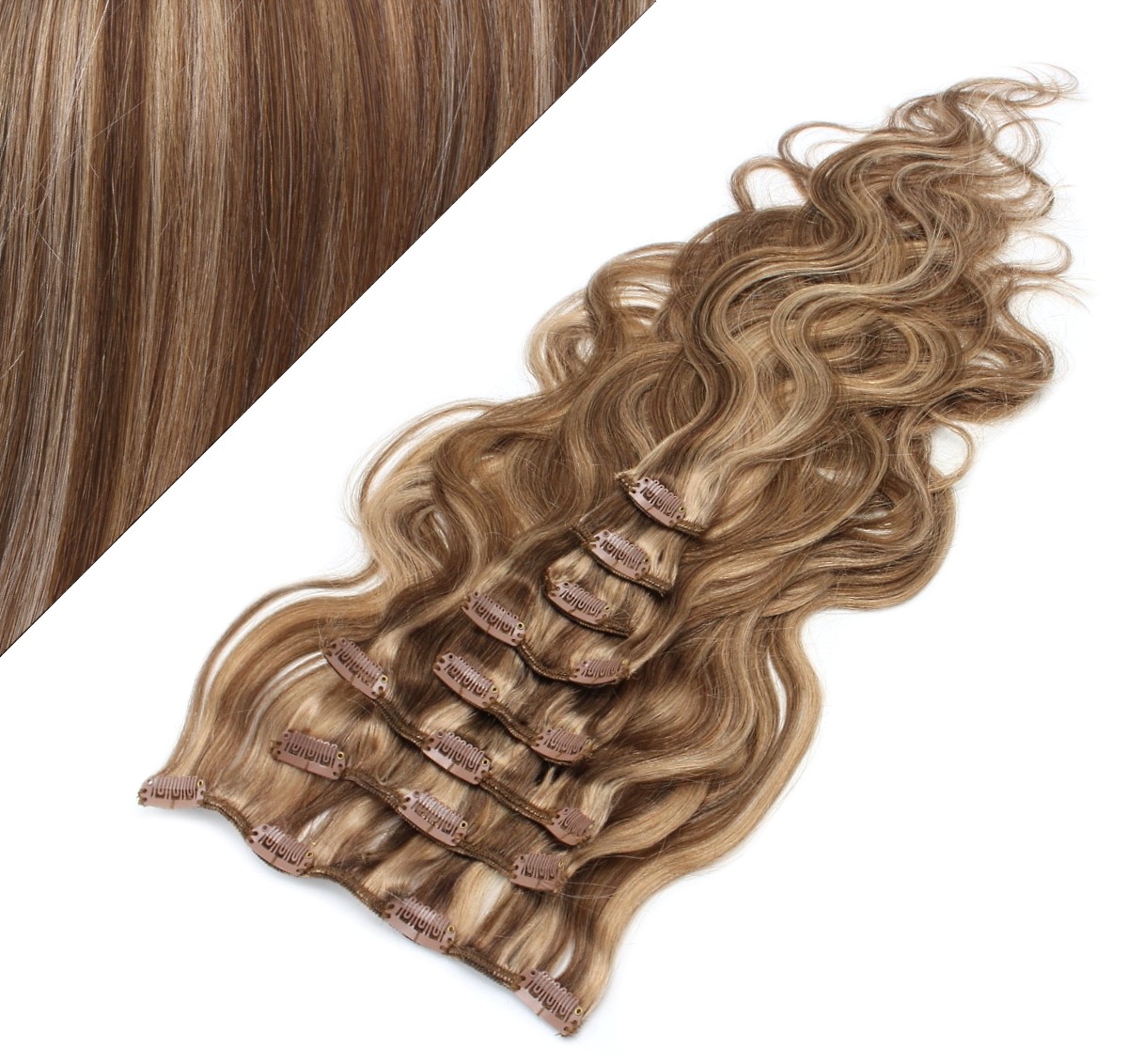 Clip in wavy human hair Remy - dark brown/blonde - 20