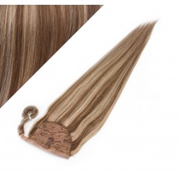 Clip in human hair ponytail wrap hair extension 20" straight - dark brown/blonde