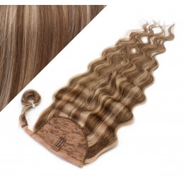 Clip in human hair ponytail wrap hair extension 20" wavy - dark brown/blonde