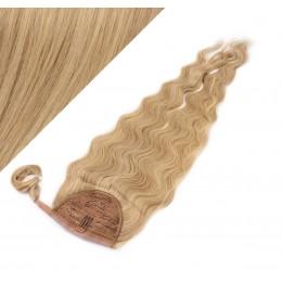 Clip in human hair ponytail wrap hair extension 20" wavy - light blonde/natural blonde