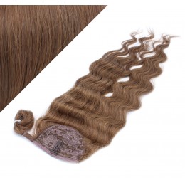 Clip in human hair ponytail wrap hair extension 24" wavy - medium brown