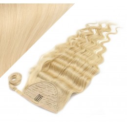 Clip in human hair ponytail wrap hair extension 24" wavy - the lightest blonde