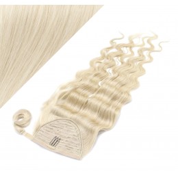 Clip in human hair ponytail wrap hair extension 24" wavy - platinum blonde