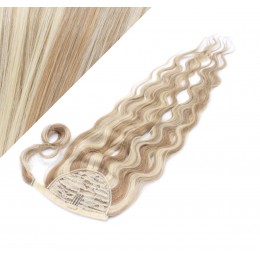 Clip in human hair ponytail wrap hair extension 24" wavy - mixed blonde