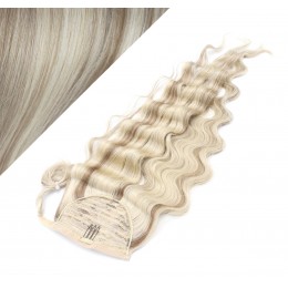 Clip in human hair ponytail wrap hair extension 24" wavy - platinum/light brown