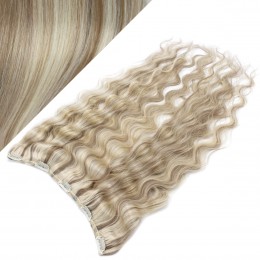 16˝ one piece full head clip in hair weft extension wavy – platinum / light brown