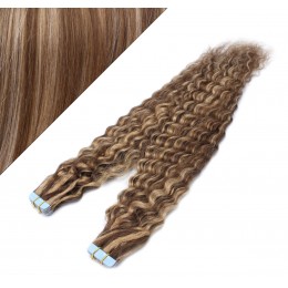 20˝ (50cm) Tape Hair / Tape IN human REMY hair curly - dark brown / blonde